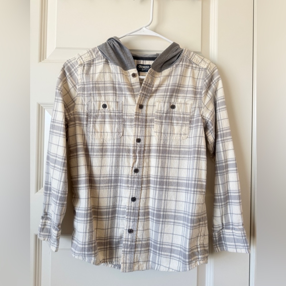 OshKosh B'gosh Plaid Hoodie Shirt in Cream and Gray